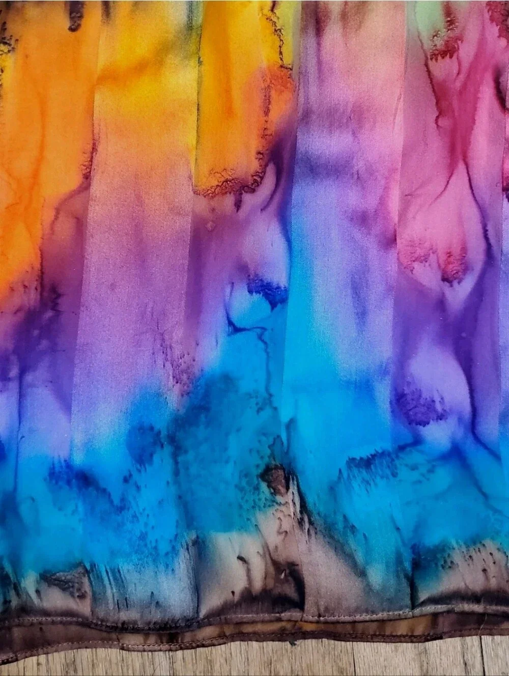 Vintage 100% Silk Scarf Oblong Vibrant Watercolor Rainbow Tie Dye Wrap Shawl